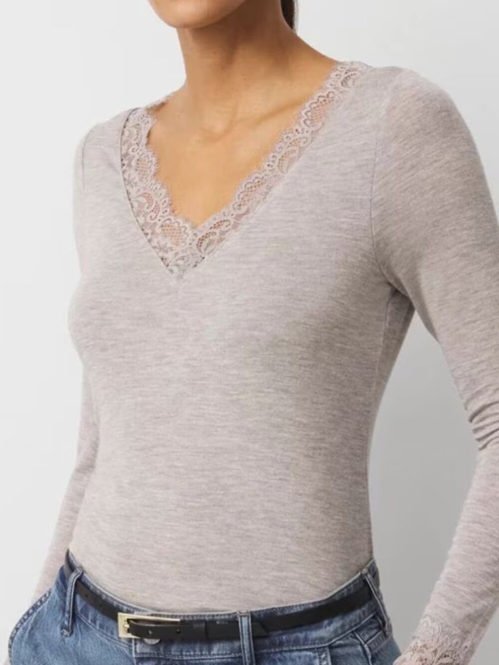 WHBM - Lace Trim Long Sleeve Tee Sz S